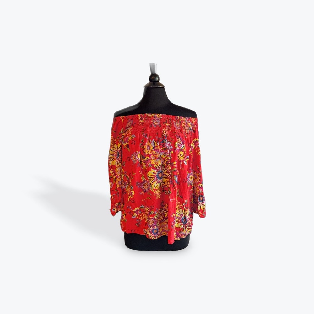 Elegant Red Floral Off-Shoulder Blouse